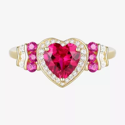 Womens Lab Created Red Ruby 14K Gold Over Silver Heart Halo Cocktail Ring
