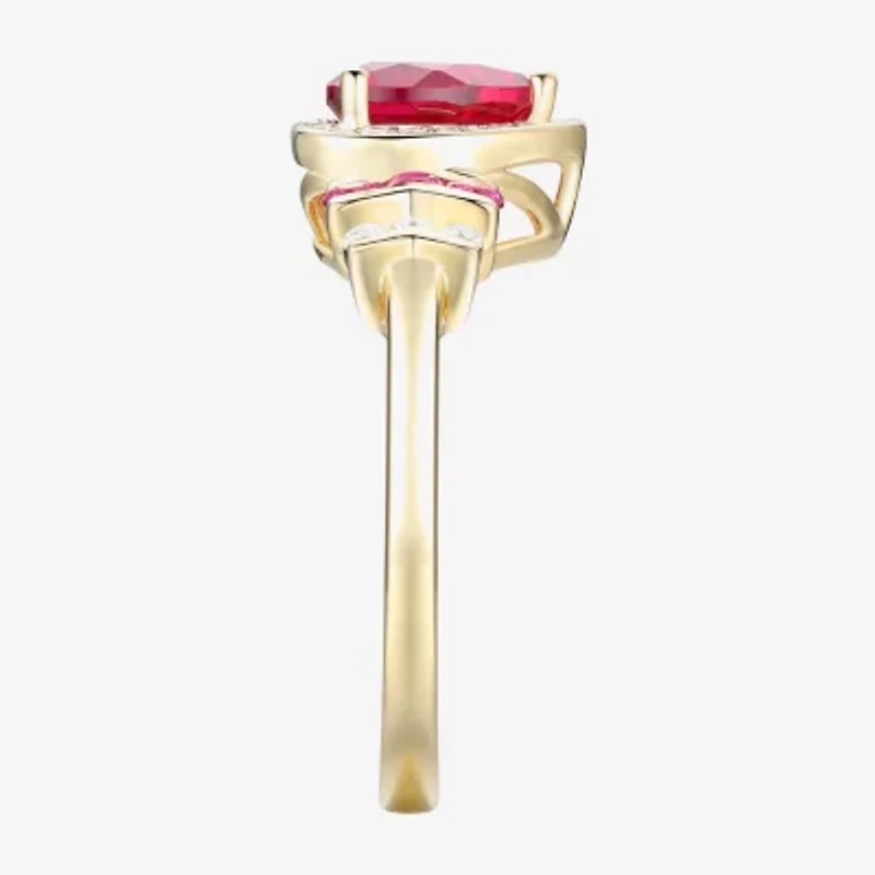 Womens Lab Created Red Ruby 14K Gold Over Silver Heart Halo Cocktail Ring