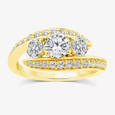(F / Si2) Womens 1 1/2 CT. T.W. Lab Grown White Diamond 10K Gold 3-Stone Side Stone Cocktail Ring