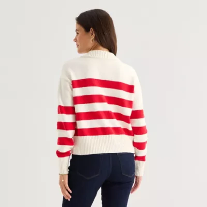 St. John's Bay Womens Short Sleeve Open Front Striped Cardigan