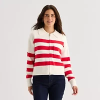 St. John's Bay Womens Short Sleeve Open Front Striped Cardigan