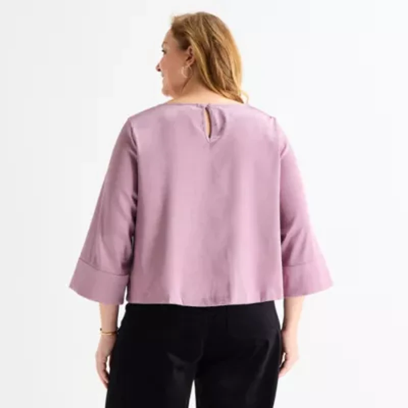 Liz Claiborne Womens Plus Boat Neck 3/4 Sleeve Satin Blouse