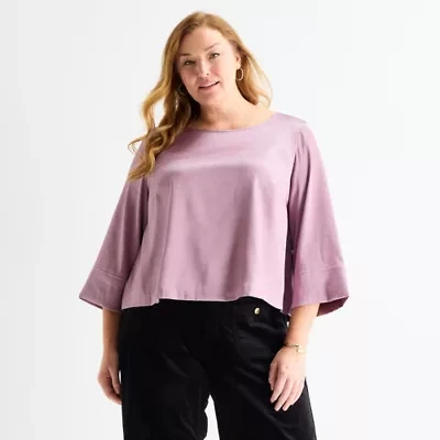 Liz Claiborne Womens Plus Boat Neck 3/4 Sleeve Satin Blouse