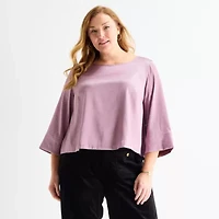 Liz Claiborne Womens Plus Boat Neck 3/4 Sleeve Satin Blouse