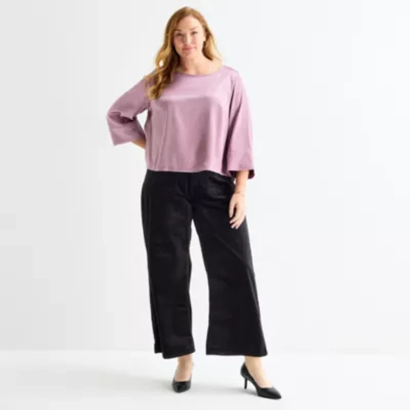 Liz Claiborne Womens Plus Boat Neck 3/4 Sleeve Satin Blouse