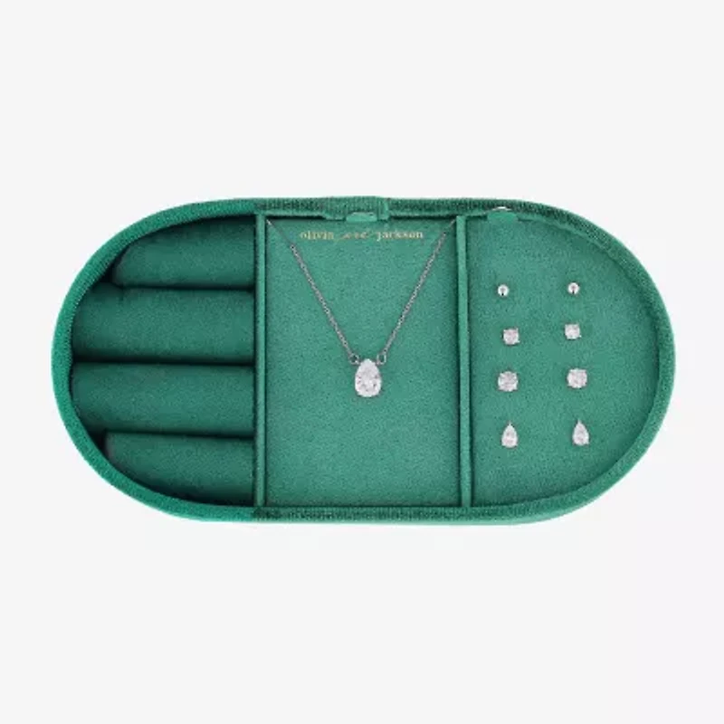 olivia and jackson Womens Cubic Zirconia Pure Silver Over Brass Pear Round 5-pc. Jewelry Set with Travel Case