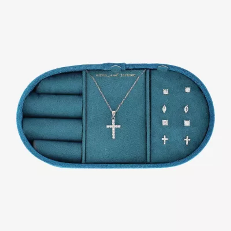 olivia and jackson Womens Cubic Zirconia Pure Silver Over Brass Cross Round Marquise 5-pc. Jewelry Set with Travel Case