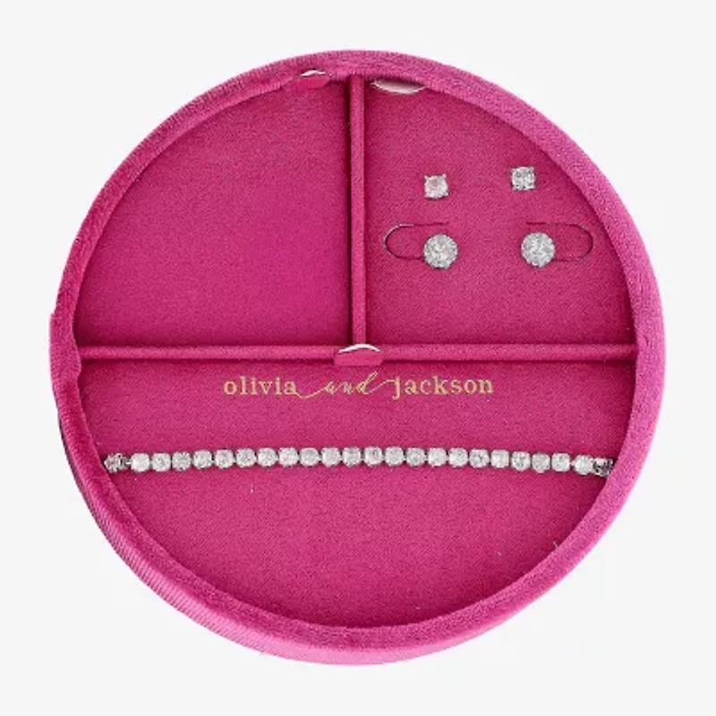 olivia and jackson Womens Cubic Zirconia Pure Silver Over Brass Round 3-pc. Jewelry Set with Travel Case