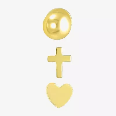 Gold Addiction Womens 10K Gold Ball Cross Heart 3 Pair Earring Set