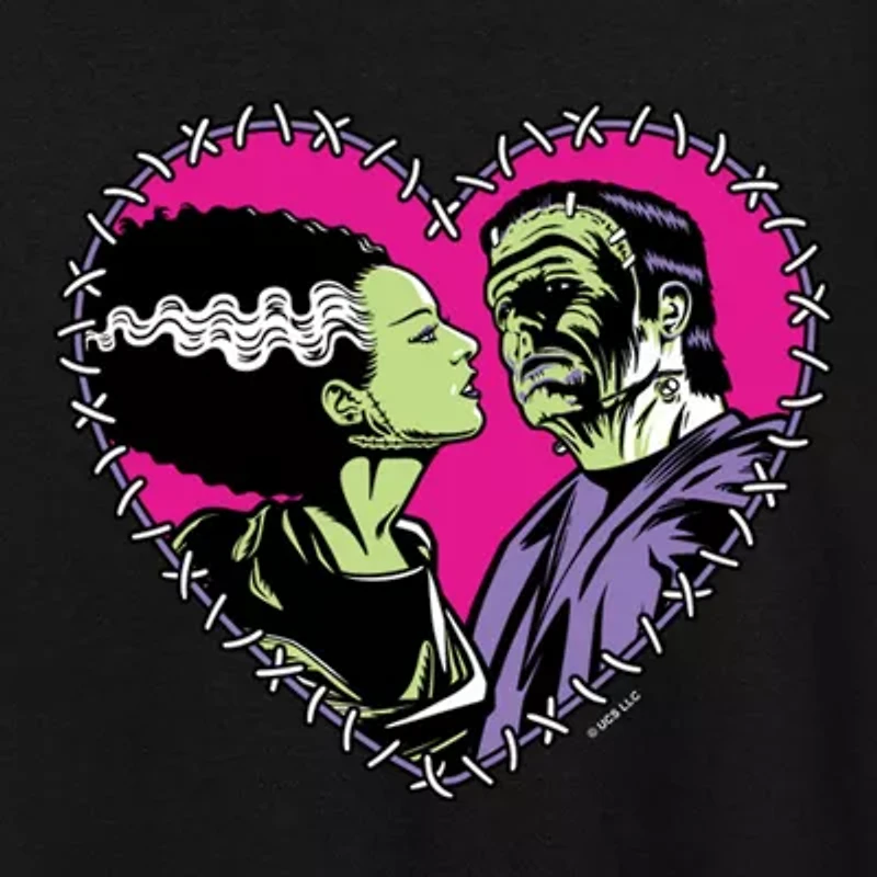 Frankenstein And Bride Heart Womens Crew Neck Short Sleeve Regular Fit Graphic T-Shirt