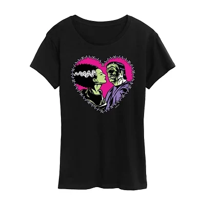 Frankenstein And Bride Heart Womens Crew Neck Short Sleeve Regular Fit Graphic T-Shirt