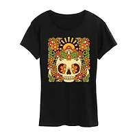 Floral Skull Womens Crew Neck Short Sleeve Regular Fit Graphic T-Shirt