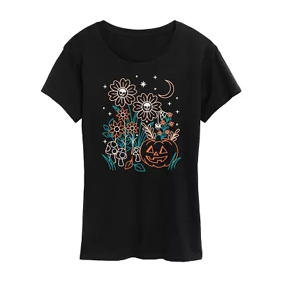 Halloween Flowers Womens Crew Neck Short Sleeve Regular Fit Graphic T-Shirt