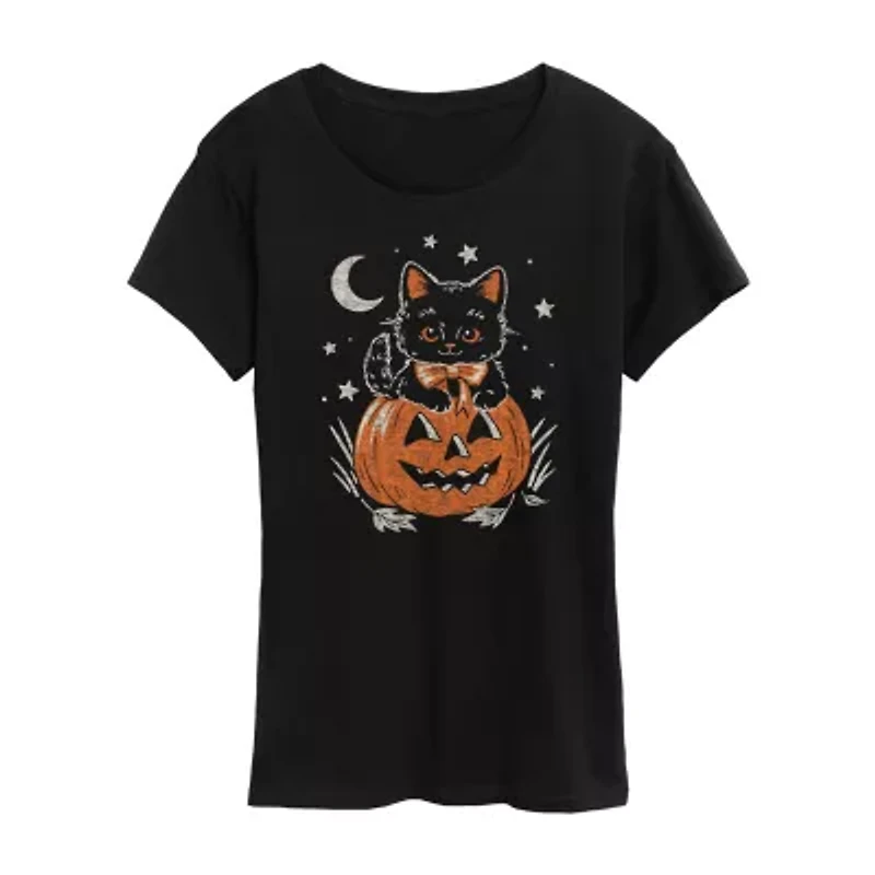 Halloween Kitten Womens Crew Neck Short Sleeve Regular Fit Graphic T-Shirt