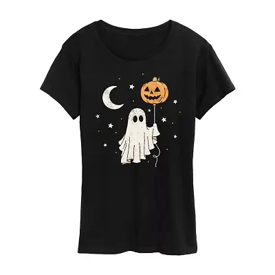 Ghost Pumpkin Balloon Womens Crew Neck Short Sleeve Regular Fit Graphic T-Shirt
