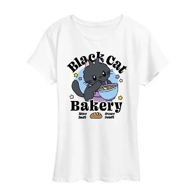 Black Cat Bakery Womens Crew Neck Short Sleeve Regular Fit Graphic T-Shirt