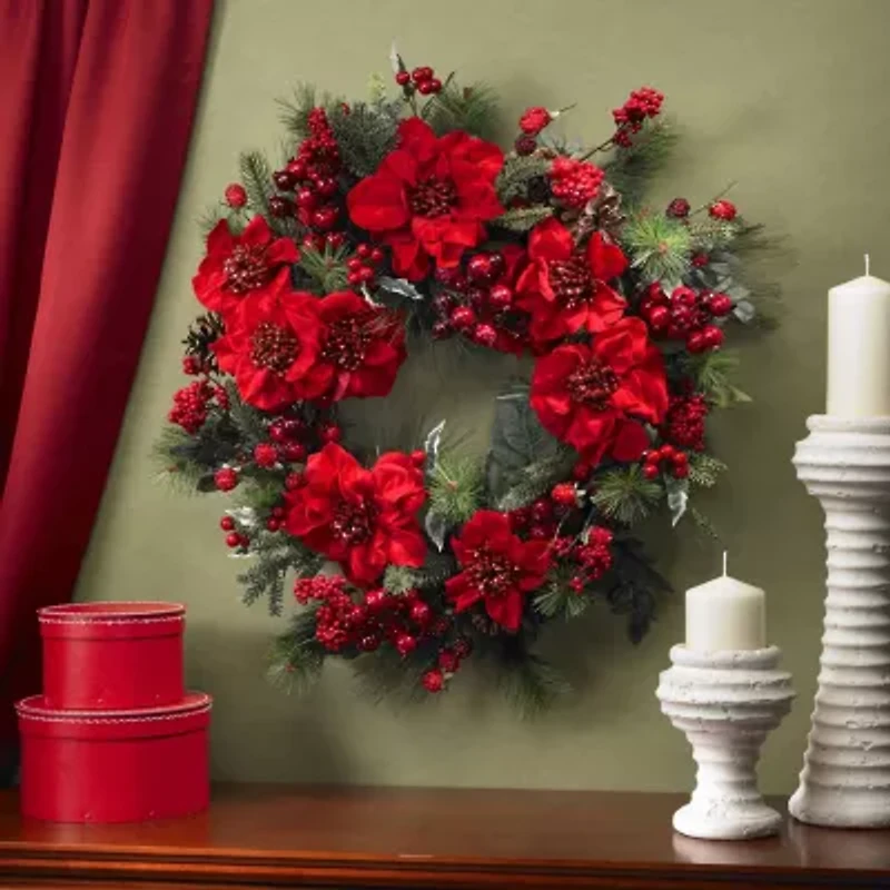 Nearly Natural 24in Poinsettia Wreath