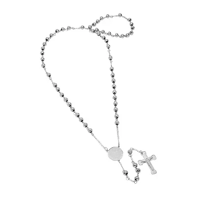 Lord'S Prayer Medallion Mens Stainless Steel 27 Inch Rosary Necklace