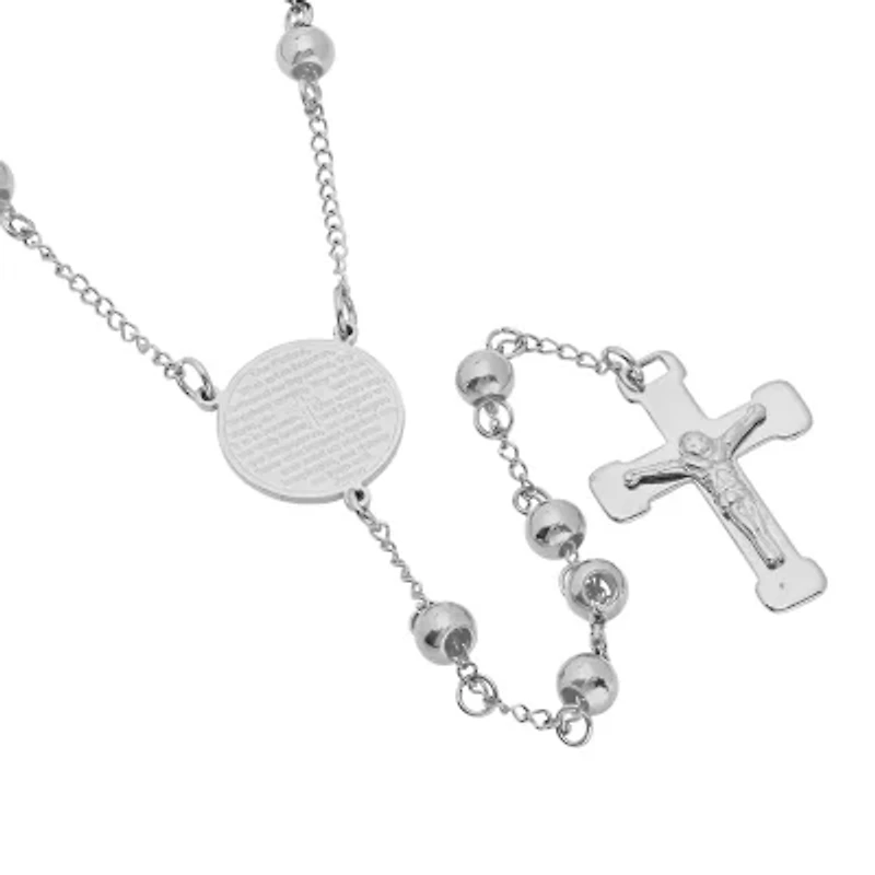 Lord'S Prayer Medallion Mens Stainless Steel 27 Inch Rosary Necklace