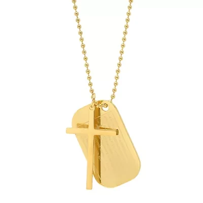Lord'S Prayer Mens 18K Gold Over Stainless Steel Cross Dog Tag 30 Inch Pendant Necklace