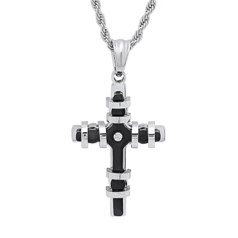 Mens Diamond Accent Cubic Zirconia Stainless Steel Cross 18 Inch Pendant Necklace