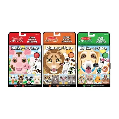 Melissa & Doug Make-A-Face Reusable Sticker Pad Bundle (3-Pack): Safari, Farm And Pets Sticker Activity Pads