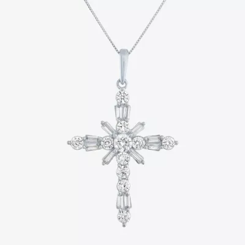 (G-H / Si2-I1) Womens 1 CT. T.W. Lab Grown White Diamond 10K White Gold Cross 18 Inch Pendant Necklace