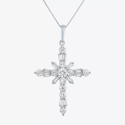 (G-H / Si2-I1) Womens 1 CT. T.W. Lab Grown White Diamond 10K White Gold Cross 18 Inch Pendant Necklace