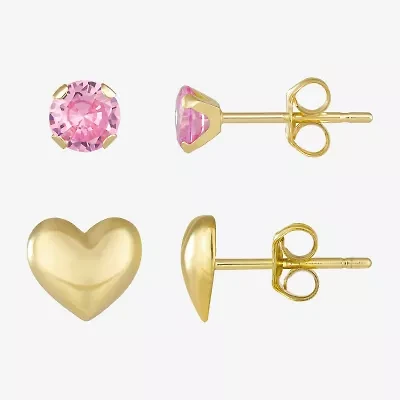 Womens Pink Cubic Zirconia 10K Gold Heart 2 Pair Earring Set