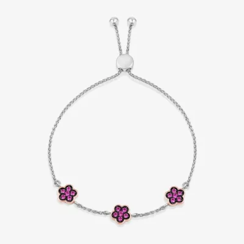 Womens Lab Created Pink Sapphire 10K Rose Gold Sterling Silver Flower Barbie Bolo Bracelet