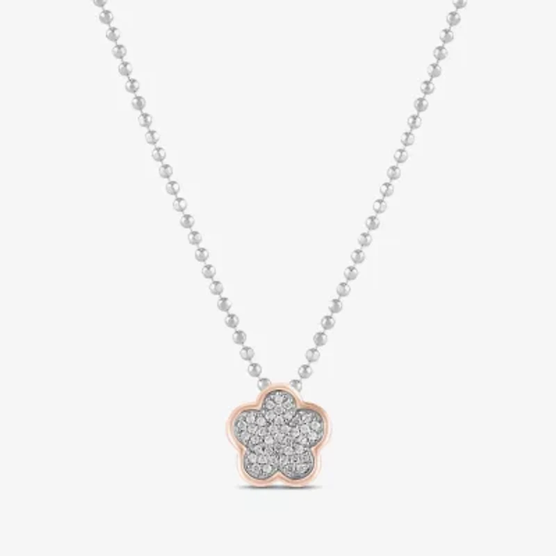 Womens 1/6 CT. T.W. Natural White Diamond 10K Rose Gold Sterling Silver Flower 16 Inch Pendant Necklace