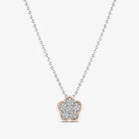 Womens 1/6 CT. T.W. Natural White Diamond 10K Rose Gold Sterling Silver Flower 16 Inch Pendant Necklace