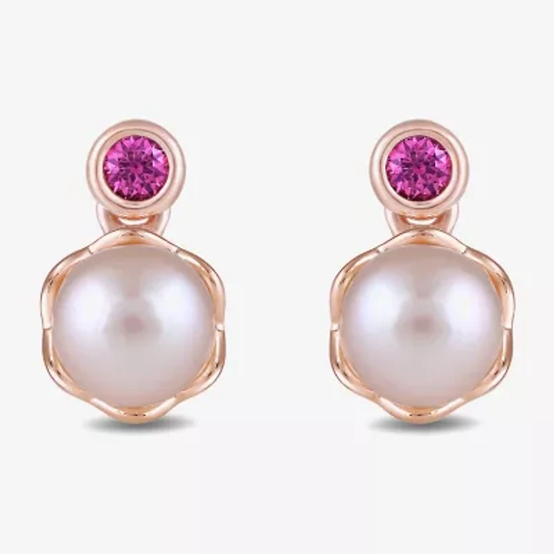 Womens Lab Created Pink Cultured Freshwater Pearl 10K Rose Gold Sterling Silver Barbie Drop Earrings