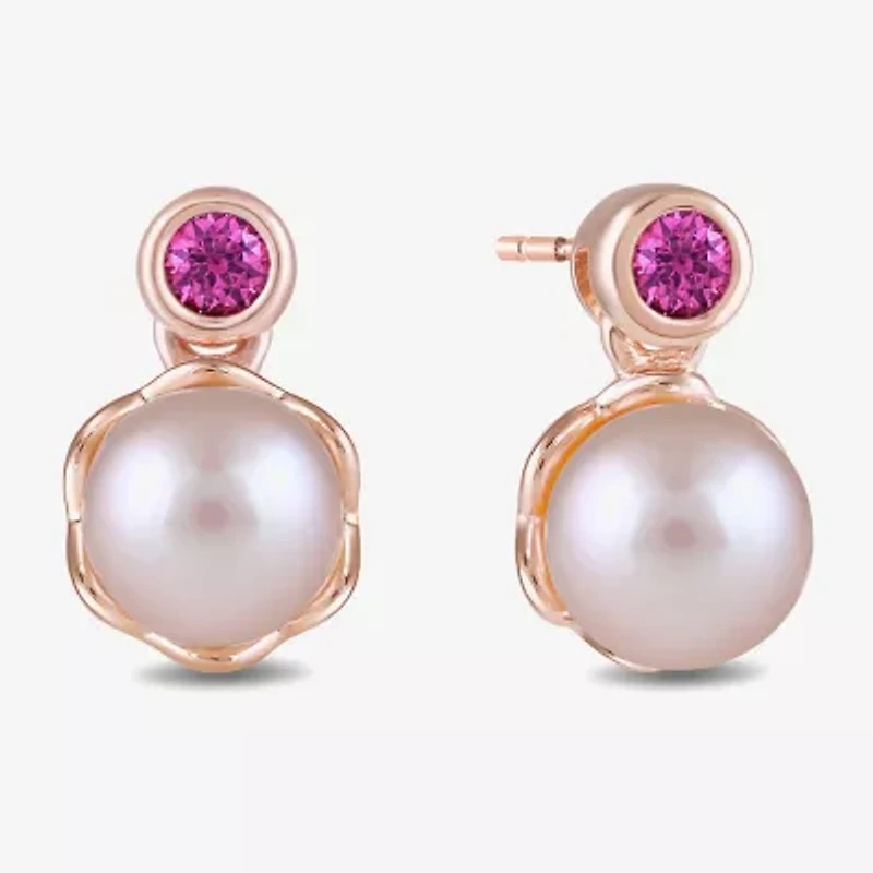 Womens Lab Created Pink Cultured Freshwater Pearl 10K Rose Gold Sterling Silver Barbie Drop Earrings