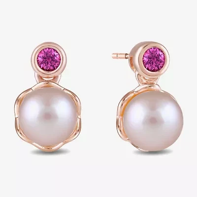 Womens Lab Created Pink Cultured Freshwater Pearl 10K Rose Gold Sterling Silver Barbie Drop Earrings