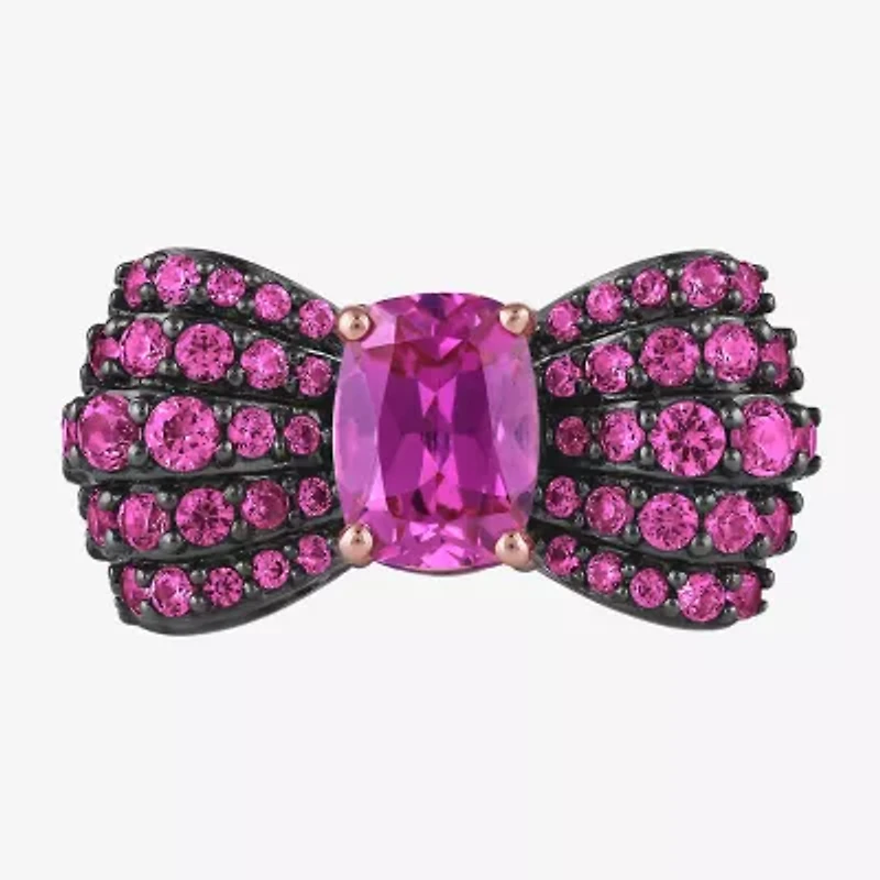 Womens Diamond Accent Genuine Pink Sapphire 10K Rose Gold Sterling Silver Bow Barbie Cocktail Ring