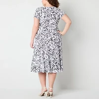 Perceptions Womens Short Sleeve Scroll Midi Plus Fit + Flare Dress