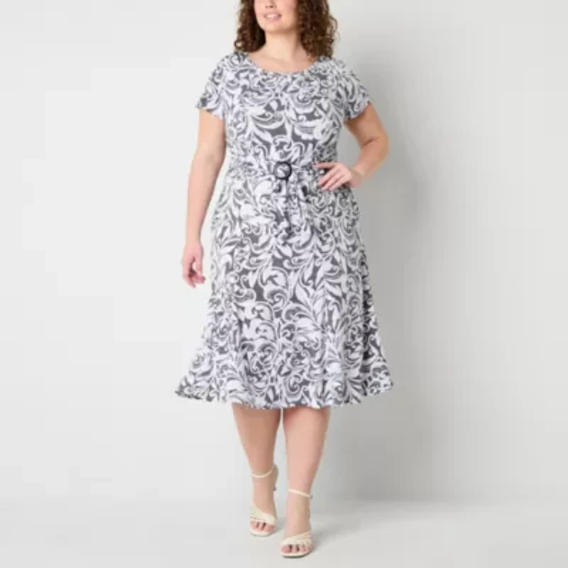 Perceptions Womens Short Sleeve Scroll Midi Plus Fit + Flare Dress