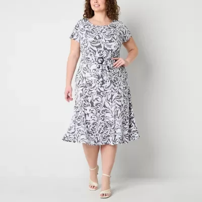 Perceptions Womens Short Sleeve Scroll Midi Plus Fit + Flare Dress