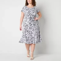 Perceptions Womens Short Sleeve Scroll Midi Plus Fit + Flare Dress