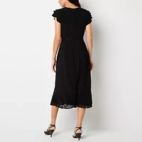 Perceptions Womens Short Sleeve Midi Petite Fit + Flare Dress
