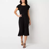 Perceptions Womens Short Sleeve Midi Petite Fit + Flare Dress