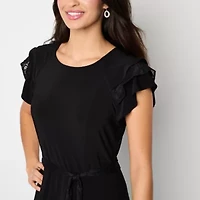 Perceptions Womens Short Sleeve Midi Petite Fit + Flare Dress