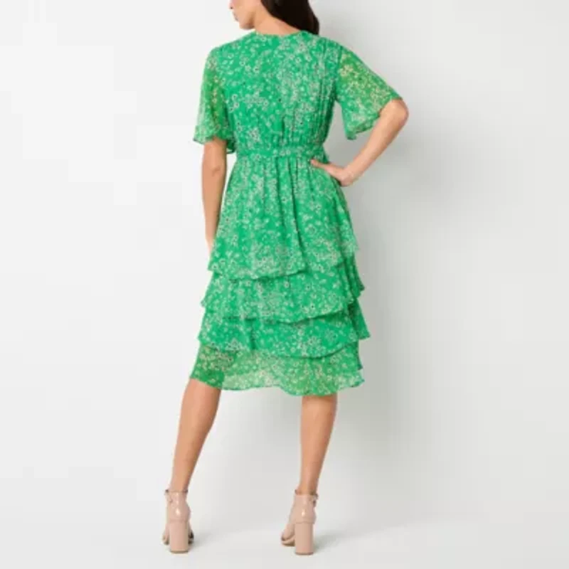 Studio 1 Womens Short Sleeve Floral Midi Petite Fit + Flare Dress