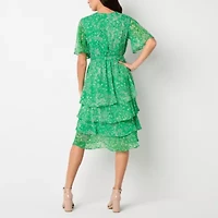 Studio 1 Womens Short Sleeve Floral Midi Petite Fit + Flare Dress