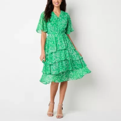 Studio 1 Womens Short Sleeve Floral Midi Petite Fit + Flare Dress
