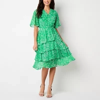 Studio 1 Womens Short Sleeve Floral Midi Petite Fit + Flare Dress