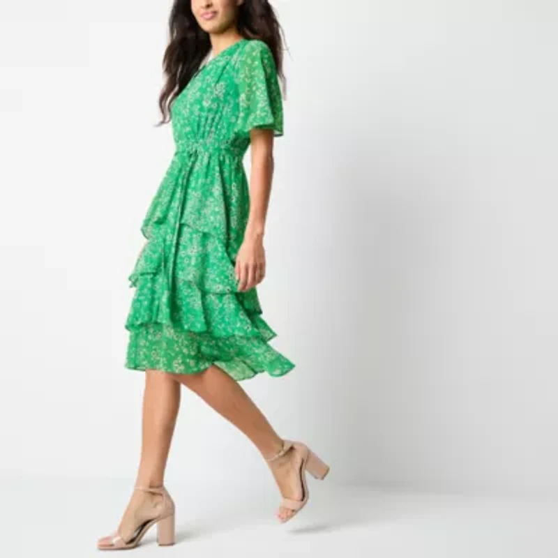 Studio 1 Womens Short Sleeve Floral Midi Petite Fit + Flare Dress