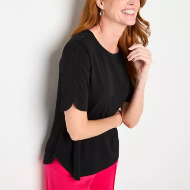 Liz Claiborne Womens Round Neck Short Sleeve Blouse
