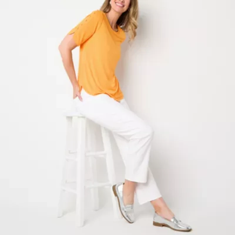 Liz Claiborne Womens Round Neck Short Sleeve Blouse